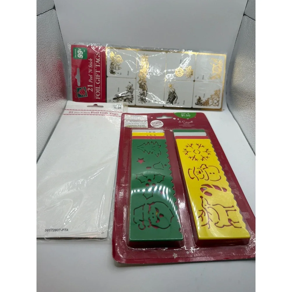Christmas Stencils 8 Count and Peel N Stick Foil Gift Tags Holiday Craft Bundle